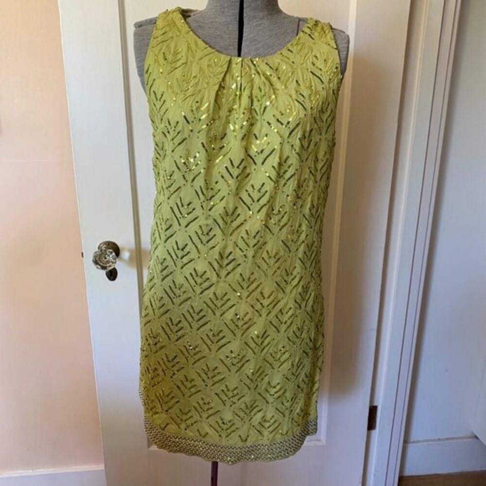 Hale Bob M Sequin Cocktail Mini Dress Lime Green Embroidery Beads Pearls Silk